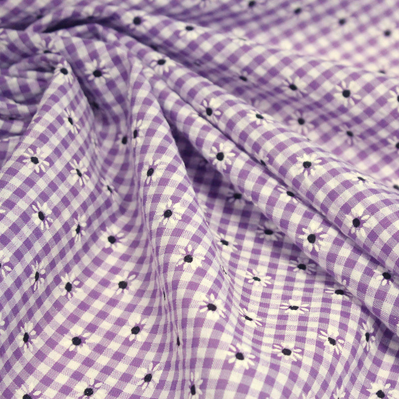Tissu coton Seersucker VICHY carreaux & fines fleurs blanches : bleu, jaune, rose, violet - tissuspipi.com