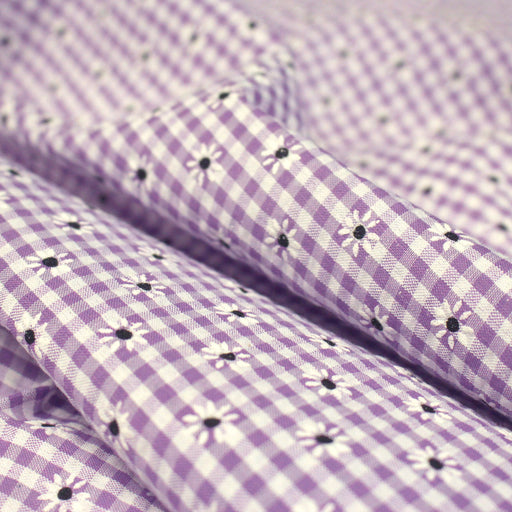 Tissu coton Seersucker VICHY carreaux & fines fleurs blanches : bleu, jaune, rose, violet - tissuspipi.com