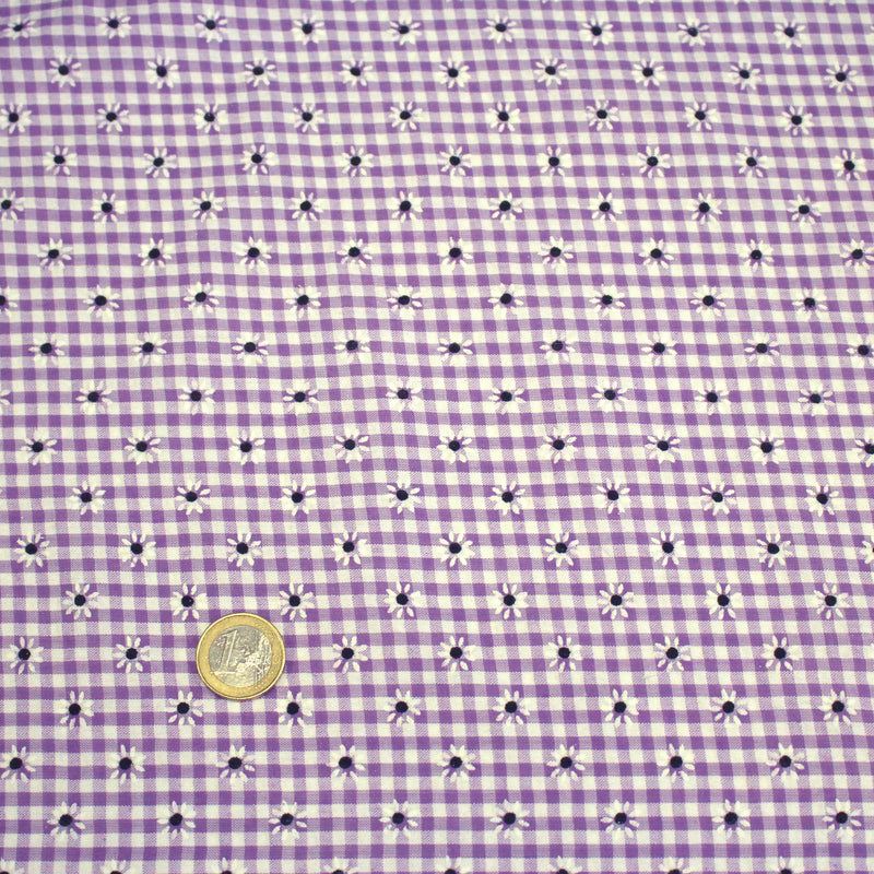 Tissu coton Seersucker VICHY carreaux & fines fleurs blanches : bleu, jaune, rose, violet - tissuspipi.com