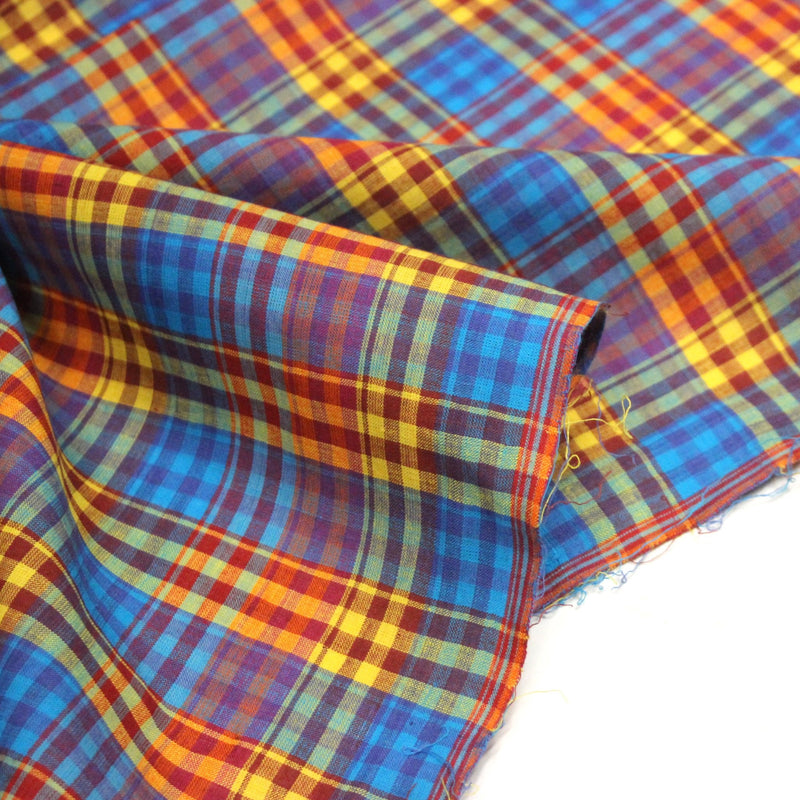 Tissu authentique MADRAS indien bleu jaune rouge, 100% coton - tissuspipi.com