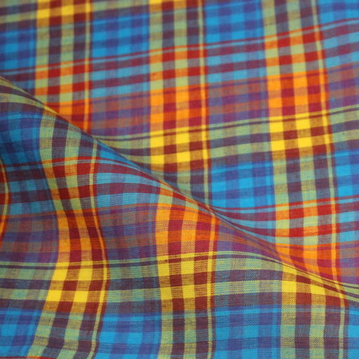 Tissu authentique MADRAS indien bleu jaune rouge, 100% coton - tissuspipi.com