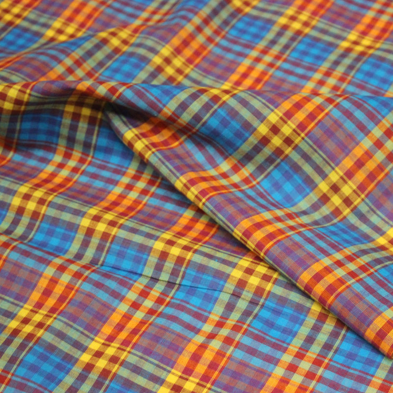 Tissu authentique MADRAS indien bleu jaune rouge, 100% coton - tissuspipi.com