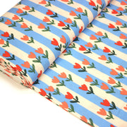 Tissu cotonnade Rayures blanc cassé et bleues aux tulipes roses et rouges - OEKO - TEX STANDARD 100 - tissuspipi.com