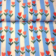 Tissu cotonnade Rayures blanc cassé et bleues aux tulipes roses et rouges - OEKO - TEX STANDARD 100 - tissuspipi.com