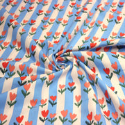Tissu cotonnade Rayures blanc cassé et bleues aux tulipes roses et rouges - OEKO - TEX STANDARD 100 - tissuspipi.com