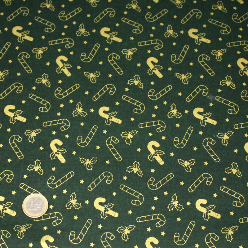 Tissu coton NOËL vert aux sucres d'orge et houx dorés - OEKO - TEX - tissuspipi.com
