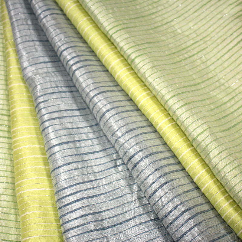 Tissu coton soie tissé rayé, trois couleurs : vert, jaune, gris - MADE IN FRANCE - tissuspipi.com