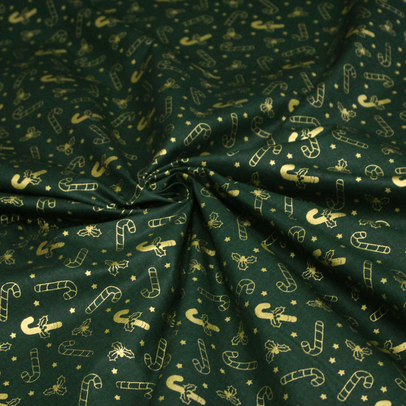 Tissu coton NOËL vert aux sucres d'orge et houx dorés - OEKO - TEX - tissuspipi.com