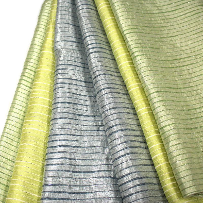 Tissu coton soie tissé rayé, trois couleurs : vert, jaune, gris - MADE IN FRANCE - tissuspipi.com