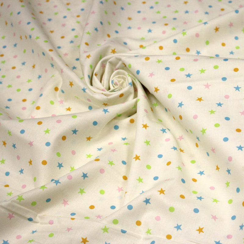 Tissu popeline coton écru aux pois et étoiles multicolores - tissuspipi.com