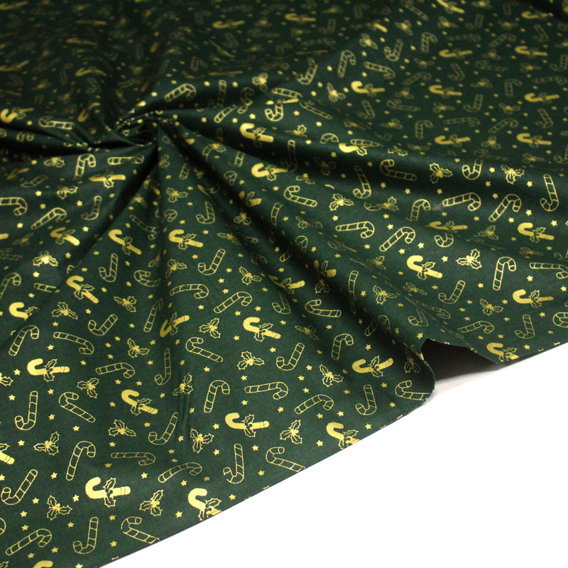 Tissu coton NOËL vert aux sucres d'orge et houx dorés - OEKO - TEX - tissuspipi.com