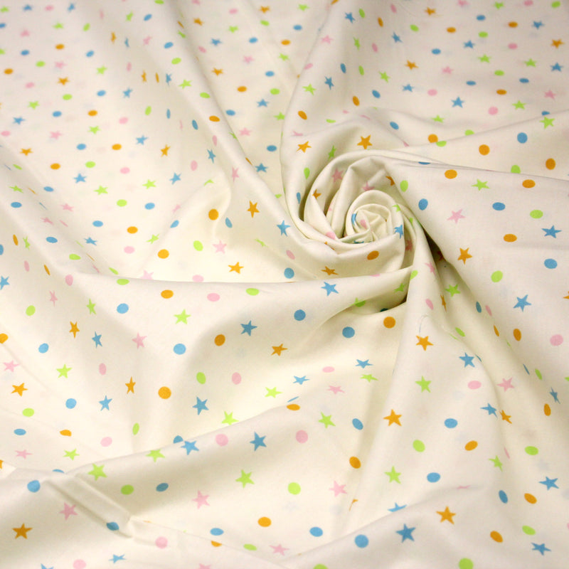 Tissu popeline coton écru aux pois et étoiles multicolores - tissuspipi.com