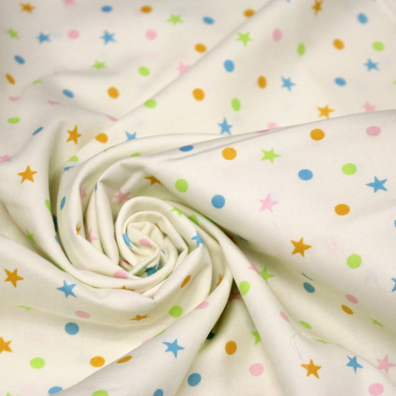 Tissu popeline coton écru aux pois et étoiles multicolores - tissuspipi.com