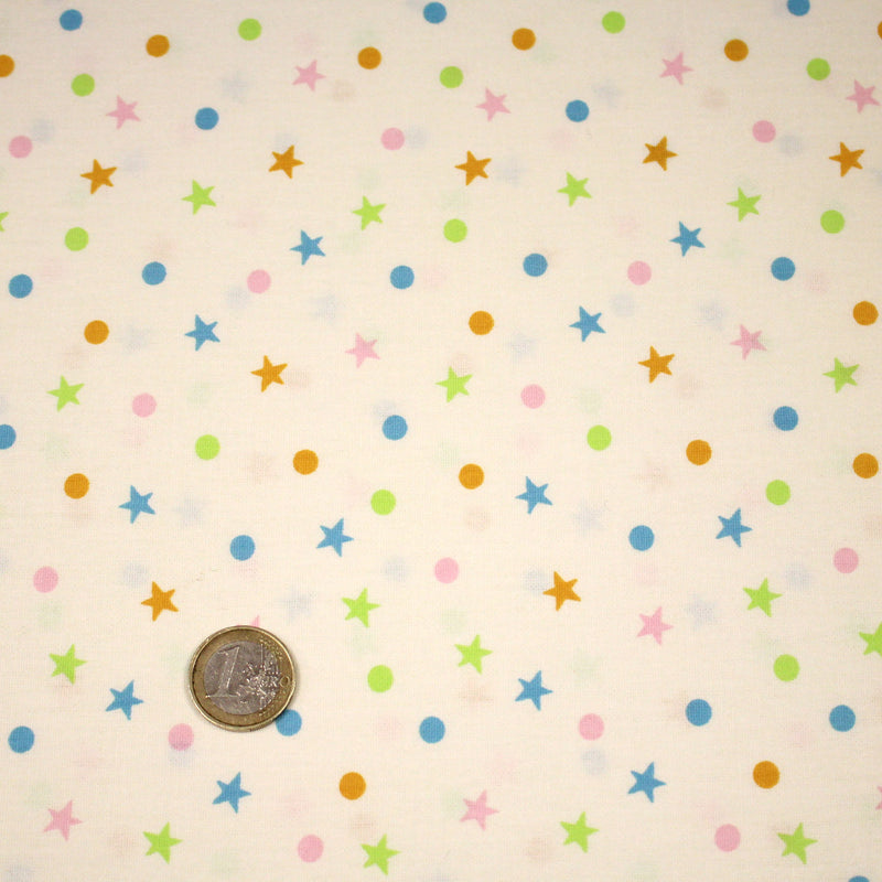 Tissu popeline coton écru aux pois et étoiles multicolores - tissuspipi.com