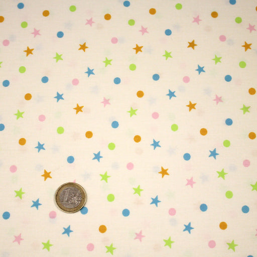 Tissu popeline coton écru aux pois et étoiles multicolores - tissuspipi.com