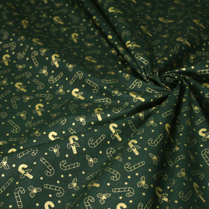 Tissu coton NOËL vert aux sucres d'orge et houx dorés - OEKO - TEX - tissuspipi.com