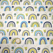 Tissu popeline coton blanc aux arcs en ciel verts bleus et jaunes - tissuspipi.com
