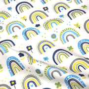 Tissu popeline coton blanc aux arcs en ciel verts bleus et jaunes - tissuspipi.com