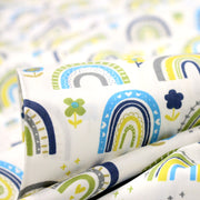 Tissu popeline coton blanc aux arcs en ciel verts bleus et jaunes - tissuspipi.com