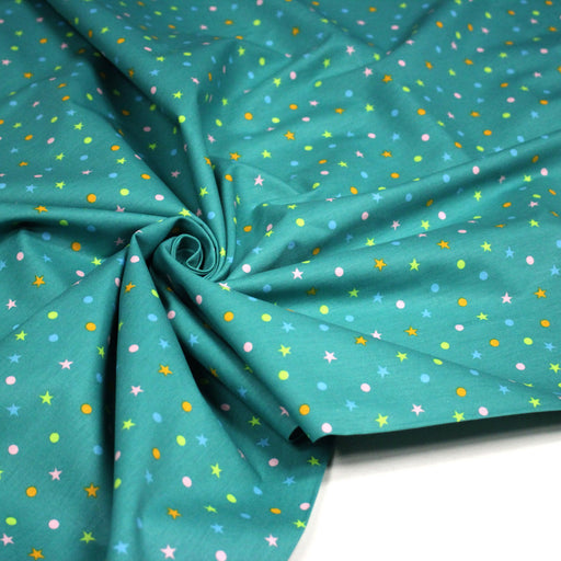 Tissu popeline coton vert canard aux pois et étoiles multicolores - tissuspipi.com