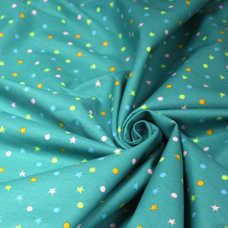 Tissu popeline coton vert canard aux pois et étoiles multicolores - tissuspipi.com