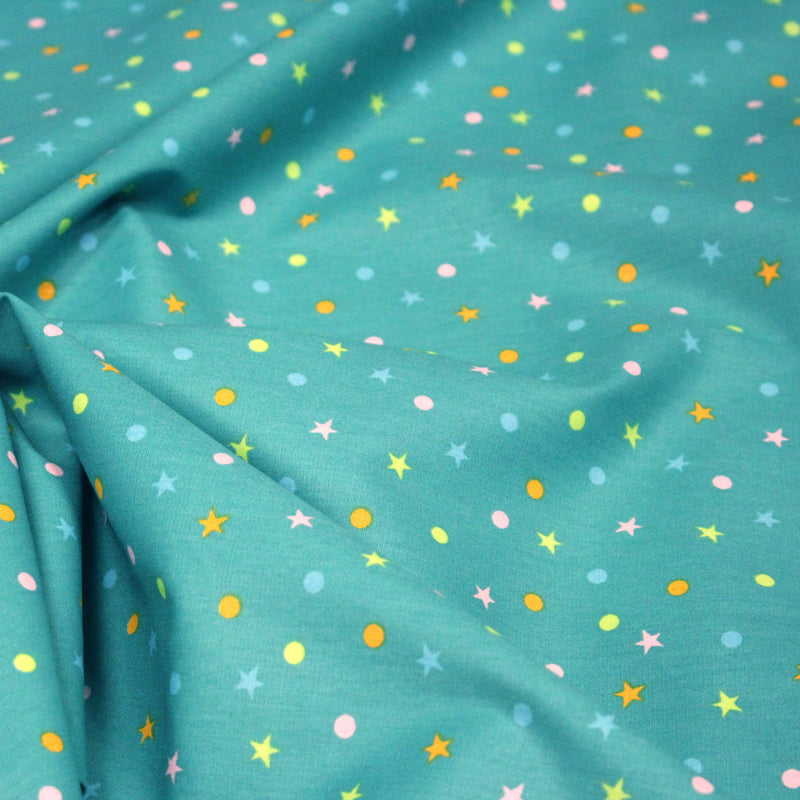 Tissu popeline coton vert canard aux pois et étoiles multicolores - tissuspipi.com