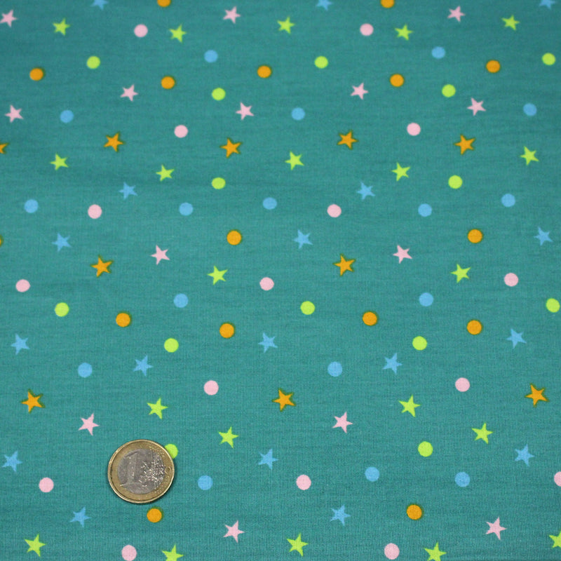 Tissu popeline coton vert canard aux pois et étoiles multicolores - tissuspipi.com