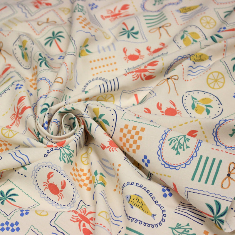 Tissu cotonnade Homards, palmiers et citrons - COLLECTION SICILIA - OEKO - TEX STANDARD 100 - tissuspipi.com