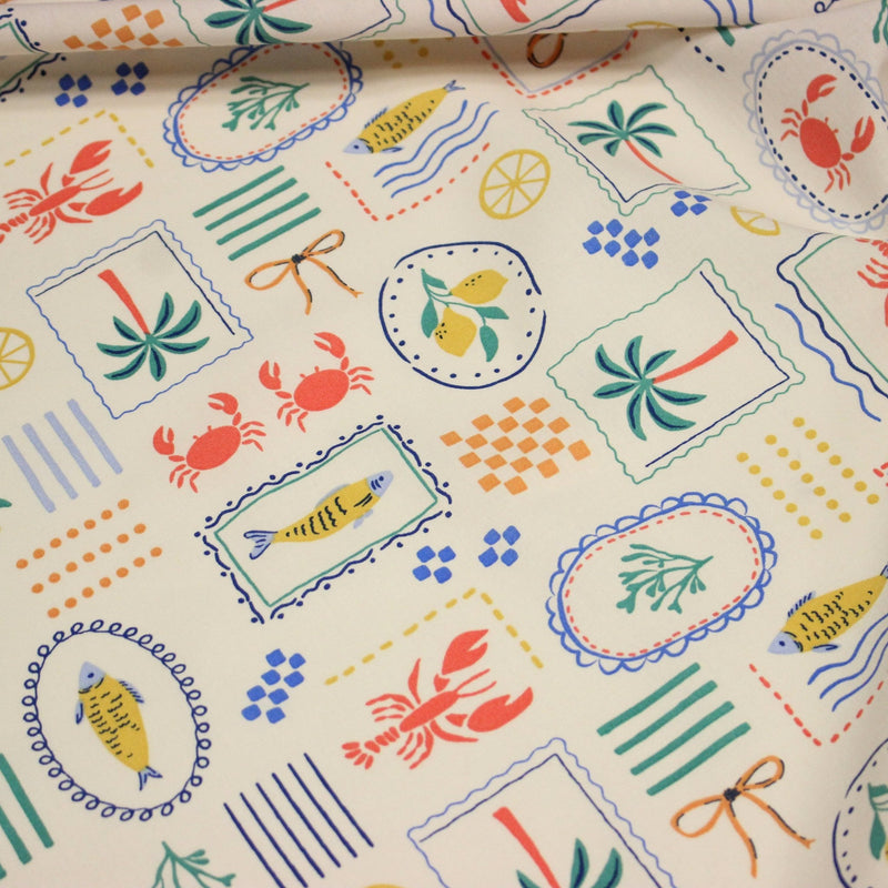 Tissu cotonnade Homards, palmiers et citrons - COLLECTION SICILIA - OEKO - TEX STANDARD 100 - tissuspipi.com