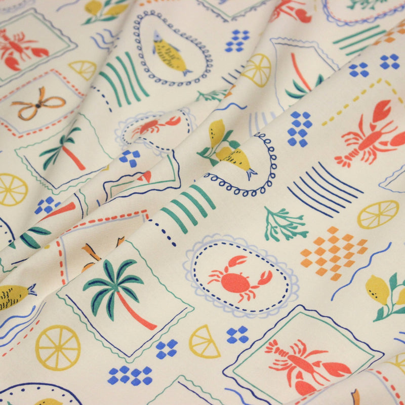 Tissu cotonnade Homards, palmiers et citrons - COLLECTION SICILIA - OEKO - TEX STANDARD 100 - tissuspipi.com