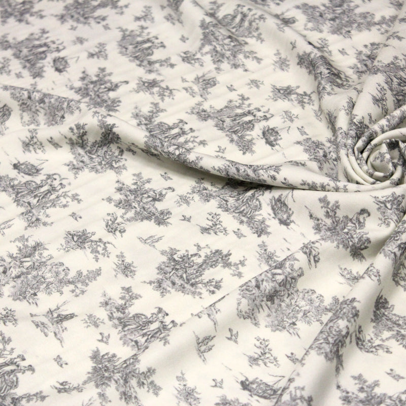 Tissu Viscose fluide motif toile de Jouy grise - COLLECTION POMPADOUR - OEKO - TEX - tissuspipi.com