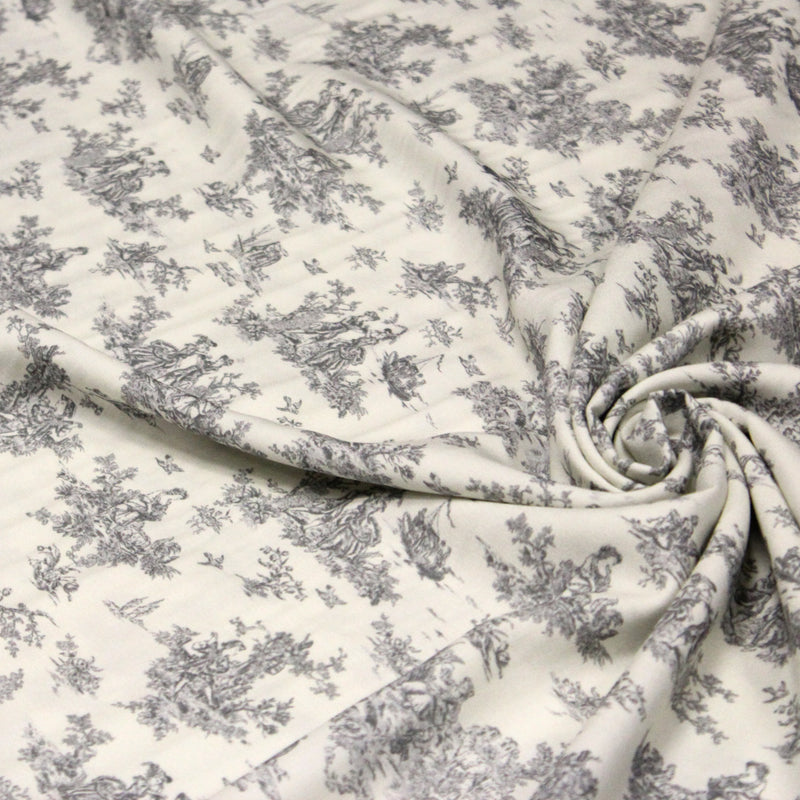 Tissu Viscose fluide motif toile de Jouy grise - COLLECTION POMPADOUR - OEKO - TEX - tissuspipi.com