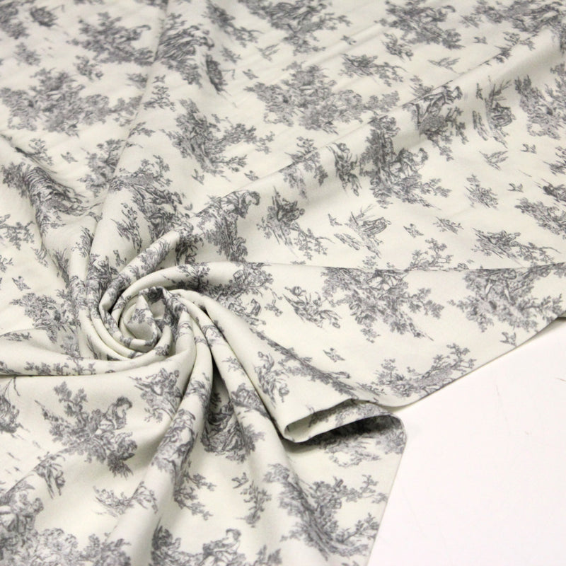 Tissu Viscose fluide motif toile de Jouy grise - COLLECTION POMPADOUR - OEKO - TEX - tissuspipi.com