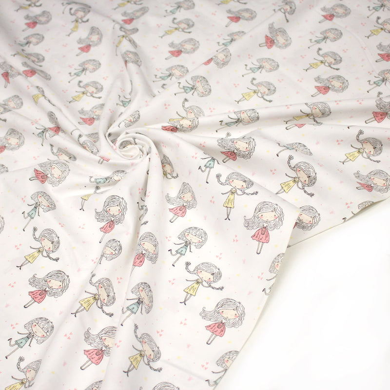 Tissu popeline coton blanc aux petits filles & petits coeurs roses - tissuspipi.com