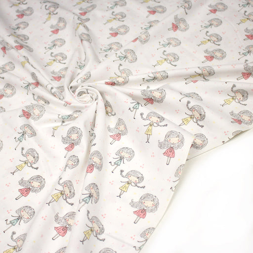 Tissu popeline coton blanc aux petits filles & petits coeurs roses - tissuspipi.com