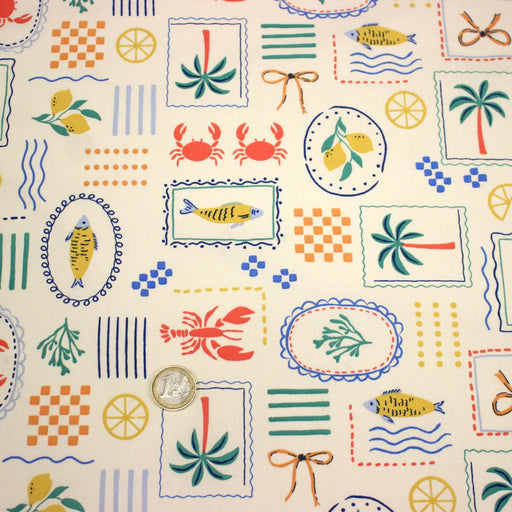 Tissu cotonnade Homards, palmiers et citrons - COLLECTION SICILIA - OEKO - TEX STANDARD 100 - tissuspipi.com