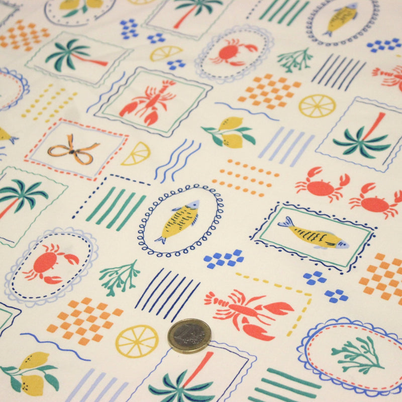 Tissu cotonnade Homards, palmiers et citrons - COLLECTION SICILIA - OEKO - TEX STANDARD 100 - tissuspipi.com