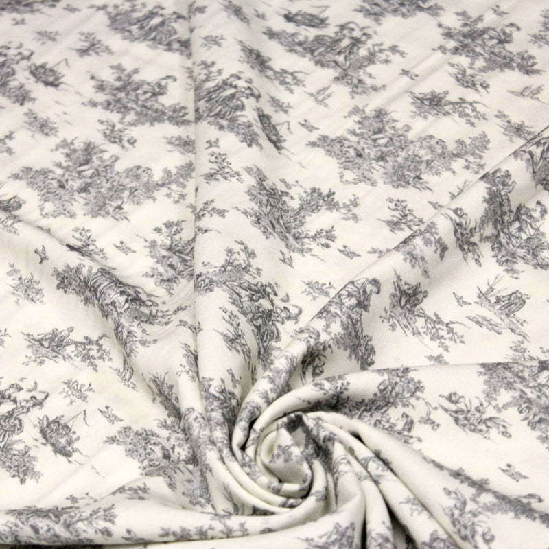 Tissu Viscose fluide motif toile de Jouy grise - COLLECTION POMPADOUR - OEKO - TEX - tissuspipi.com