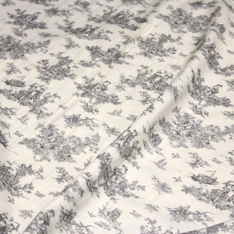 Tissu Viscose fluide motif toile de Jouy grise - COLLECTION POMPADOUR - OEKO - TEX - tissuspipi.com