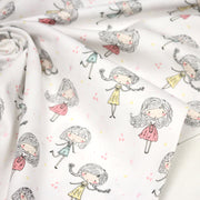 Tissu popeline coton blanc aux petits filles & petits coeurs roses - tissuspipi.com