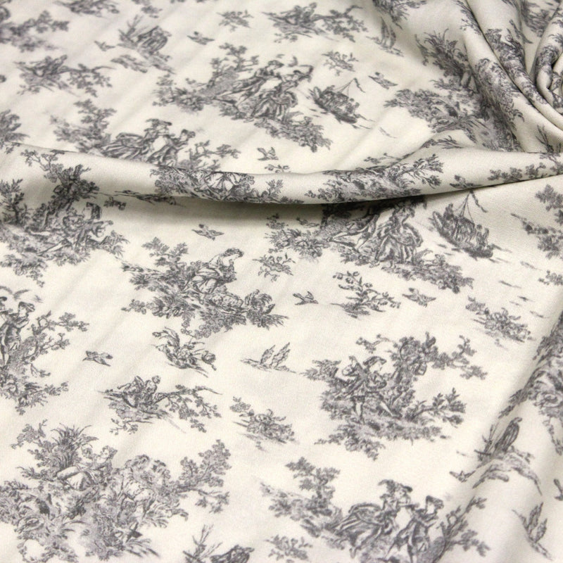 Tissu Viscose fluide motif toile de Jouy grise - COLLECTION POMPADOUR - OEKO - TEX - tissuspipi.com