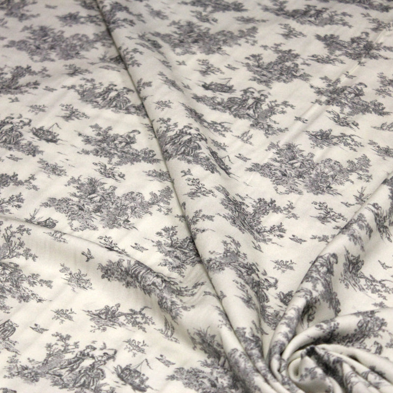 Tissu Viscose fluide motif toile de Jouy grise - COLLECTION POMPADOUR - OEKO - TEX - tissuspipi.com
