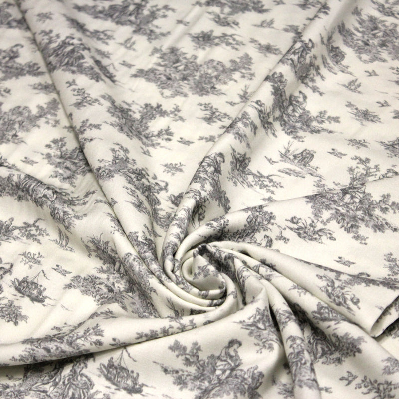 Tissu Viscose fluide motif toile de Jouy grise - COLLECTION POMPADOUR - OEKO - TEX - tissuspipi.com