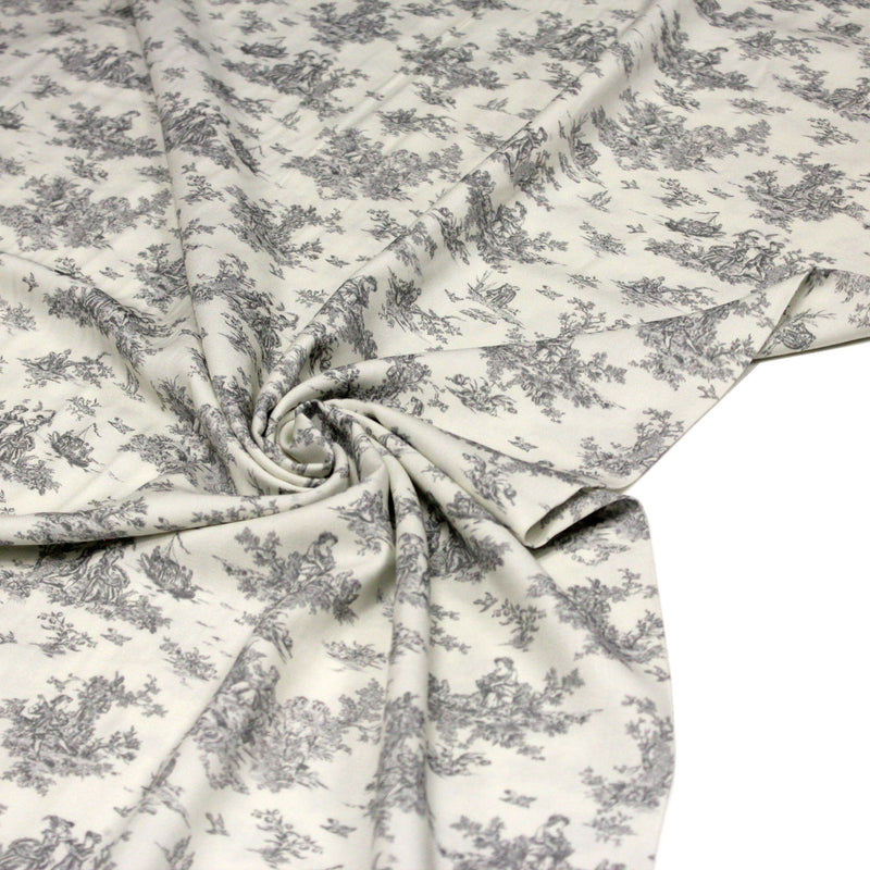 Tissu Viscose fluide motif toile de Jouy grise - COLLECTION POMPADOUR - OEKO - TEX - tissuspipi.com