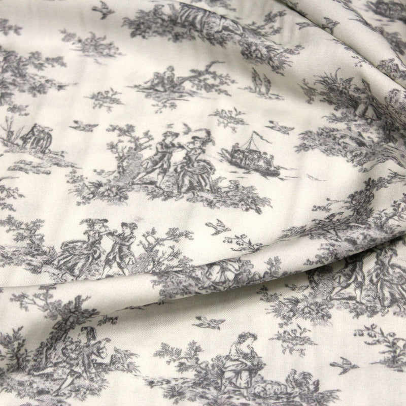 Tissu Viscose fluide motif toile de Jouy grise - COLLECTION POMPADOUR - OEKO - TEX - tissuspipi.com