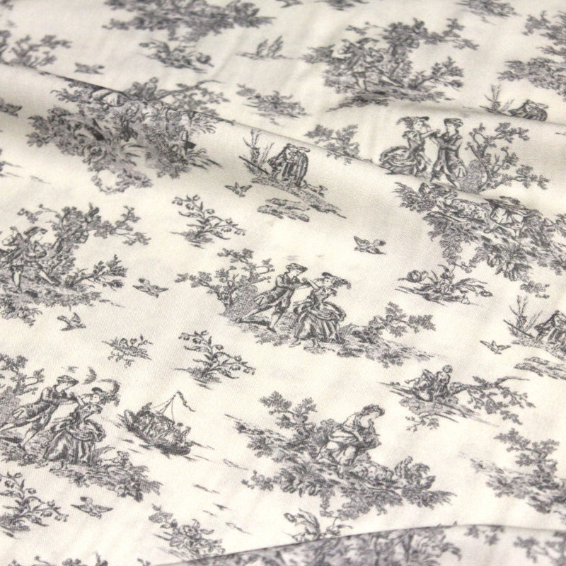 Tissu Viscose fluide motif toile de Jouy grise - COLLECTION POMPADOUR - OEKO - TEX - tissuspipi.com