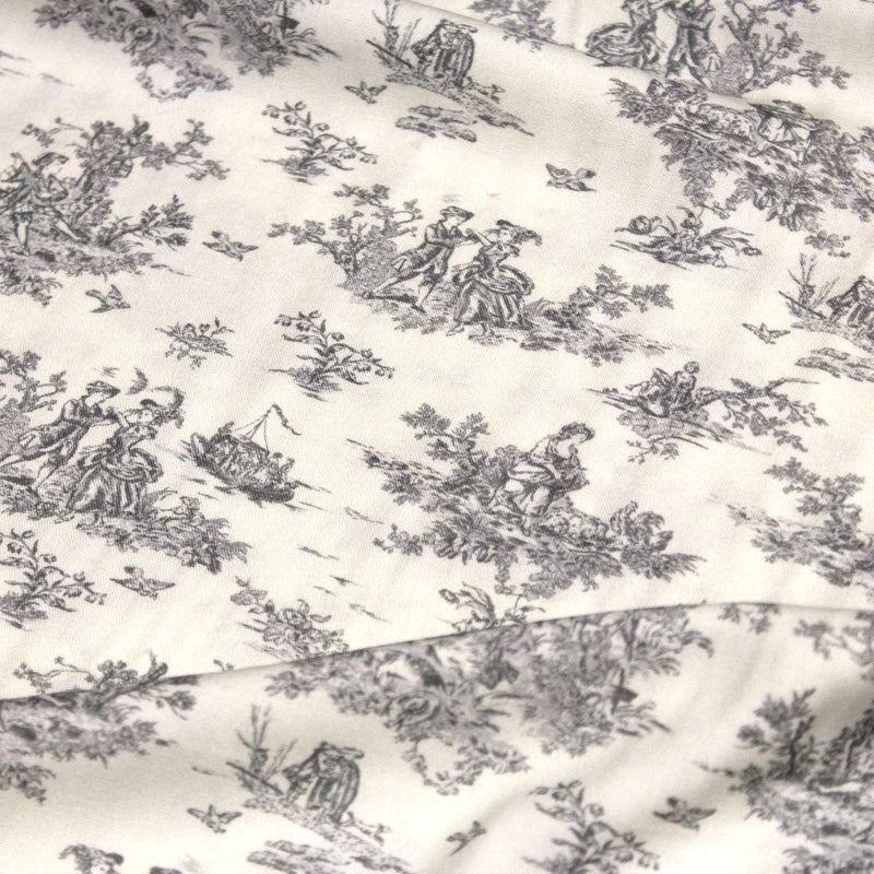 Tissu Viscose fluide motif toile de Jouy grise - COLLECTION POMPADOUR - OEKO - TEX - tissuspipi.com