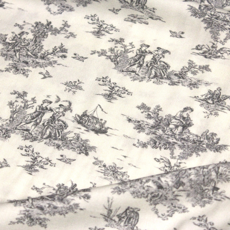 Tissu Viscose fluide motif toile de Jouy grise - COLLECTION POMPADOUR - OEKO - TEX - tissuspipi.com
