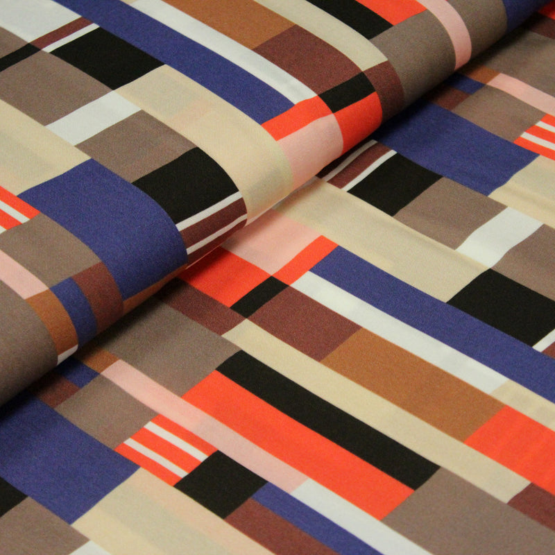 Tissu Viscose fluide WINA aux motifs géométriques rectangles bleus, oranges, marrons et écrus - OEKO - TEX STANDARD 100 - tissuspipi.com