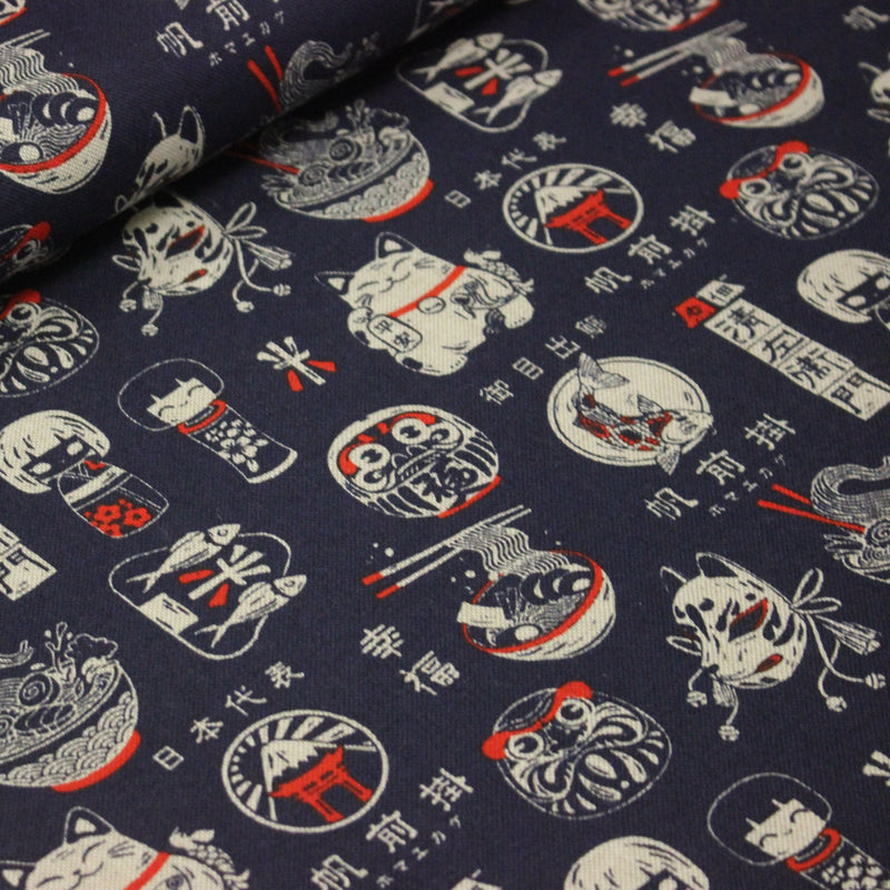 Tissu coton demi natté Symboles & porte - bonheurs japonais, bleu et rouge - OEKO - TEX STANDARD 100 - tissuspipi.com